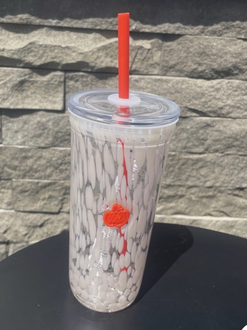 Starbucks White Speckled Tumbler with Orange Straw and Charm